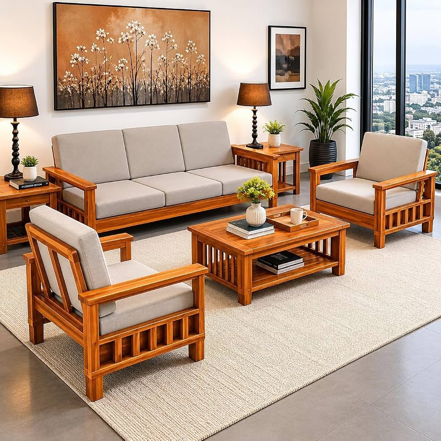 Wooden sofa set with fresh upholstery and polish at a home in Ghaziabad